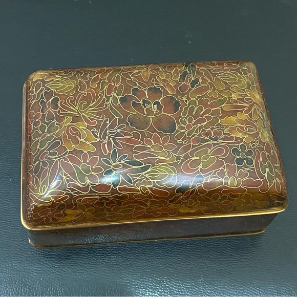 Vintage Chinese Cloisonne Brown Enamel Floral Hinged Trinket Box - Picture 5 of 16